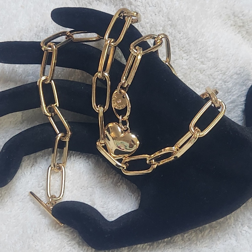 Gold Tone Paperclip Chain Toggle Necklace  Talbots Puffed Heart Charm 16 Inch